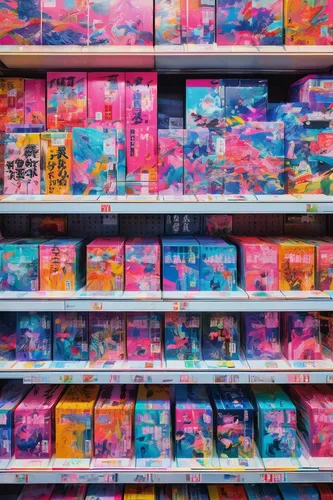 supermarket shelf,pink squares,colorful flags,neon candies,aisle,candy store,supermarket,aesthetic,cassettes,candies,gum,soap shop,vapor,party supply,cubes,toy store,disposable,80s,tapes,candy shop,Conceptual Art,Daily,Daily 21