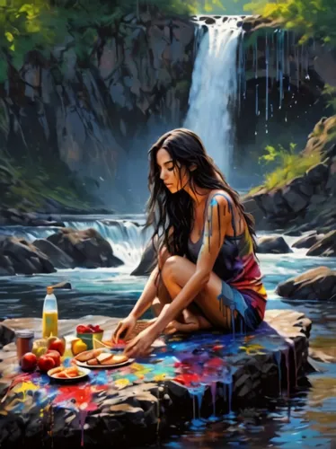 woman at the well,art painting,girl on the river,oil painting on canvas,oil painting,polynesian girl,wishing well,fantasy art,fantasy picture,picnic,girl with cereal bowl,world digital painting,water 