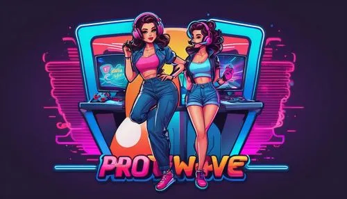 sticker cartoon chibi. single woman brunette pin up girl gamer. hands with joystick view standing body. neon lights retrowave background.,pro,retro background,80's design,wave,retro music,pro 40,bow w