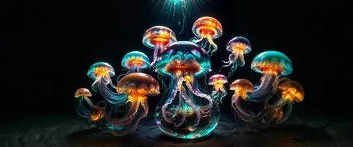 cnidaria,plasma lamp,water display,bioluminescence,decorative fountains,jellyfish,aquarium lighting,light art,floor fountain,apophysis,jellyfishes,water flower,ornamental shrimp,drip castle,drawing wi