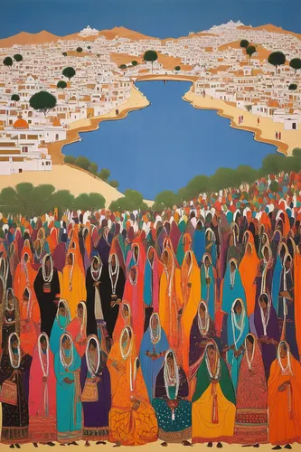 Striking group of pilgrims in Pushkar, Rajasthan, India,khokhloma painting,genesis land in jerusalem,afar tribe,pentecost,procession,bedouin,bethlehem,global oneness,orientalism,martyr village,torah,k