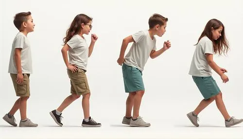 Multiple poses in one image,six young children are walking, one wearing glasses and the other wearing running shorts,boys fashion,crewcuts,human evolution,cargos,standing walking,evolution,children is