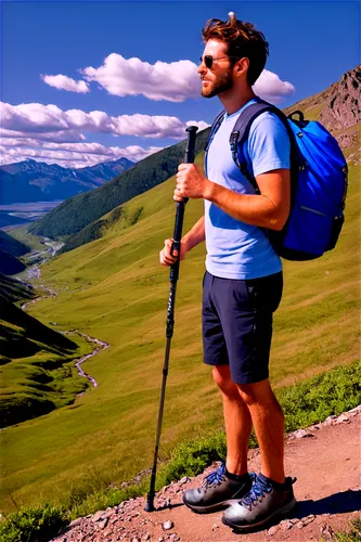 hiking, outdoor activity, solo, adult man, athletic build, beard, messy hair, sunglasses, backpack, water bottle, trekking pole, worn-out shoes, rugged terrain, mountainous landscape, blue sky, fluffy