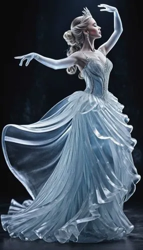 A graceful ice sculpture of a princess in a twirling dance pose. Her flowing gown is sculpted from cascading ice ribbons, capturing the movement of the dance.,sylphides,sylphide,danseuse,whirling,grac