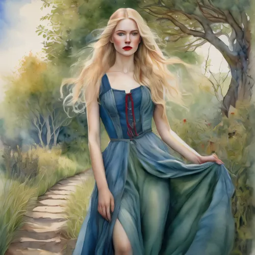 fantasy portrait,girl in a long dress,fantasy art,fantasy picture,jessamine,fairy tale character,woman walking,celtic woman,faerie,mystical portrait of a girl,fantasy woman,faery,the blonde in the riv