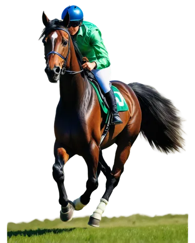 Cartoon horse, galloping pose, dynamic motion blur, vibrant colorful mane, shiny black body, white socks on legs, saddled with jockey, helmet and goggles, sunny day, green grassy terrain, speed lines 