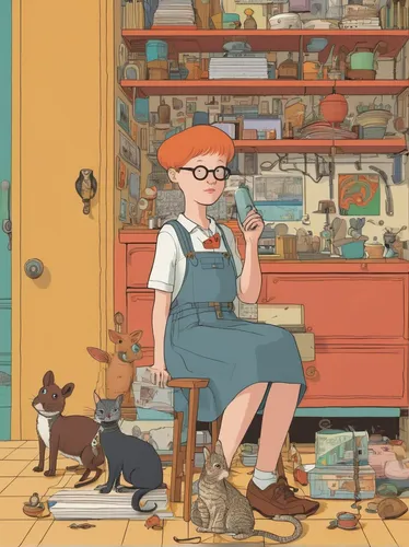 girl in the kitchen,the little girl's room,penny,pippi longstocking,girl in overalls,cat mom,girl with dog,overalls,rockabella,librarian,angelica,studio ghibli,the kitchen,dressmaker,kitchen shop,seamstress,apothecary,girl studying,sewing room,ginger family,Illustration,Vector,Vector 12