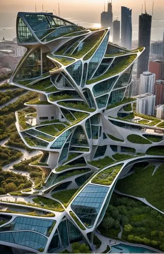 The Patametric skyscraper in the landscape sea, a futuristic architectural masterpiece, Zaha Hadid Style architecture, greenery style,an artistic and futuristic building with green roof and large wind