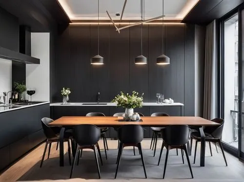 Modern minimalist, apartment in the city center, diningroom, stark color contrasts, dark tones, clean lines, exquisite design, white ceilings, black furniture, wood veneer walls, Modern minimalist, ap