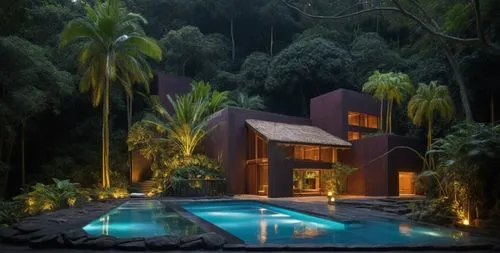 EL EXTERIOR DE UNA CASA CON ESTILO MEXCANO MODERNO, USO DE COLORES VIBRANTES, MATERIALES REFIONALES, TEJA, VIGAS DE MADERA, EN UN AMBIENTE EXUBERANTE, ESTANQUE DE AGUA  AL FRENTE, PROPORCION, EXELENTE