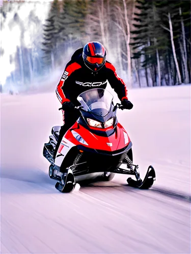 Snowmobile, speeding, winter scene, shiny metal body, sleek design, red and black stripes, windshield, headlights, skis, frozen lake, snowy mountain, frosty air, dynamic movement, action shot, low-ang