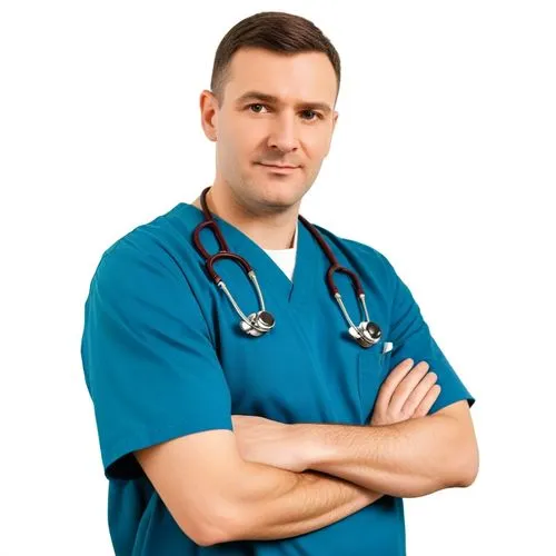 a man in scrubs and medical gown smiling with his arms crossed,male nurse,healthcare worker,healthcare professional,paramedical,physician,healthcare medicine