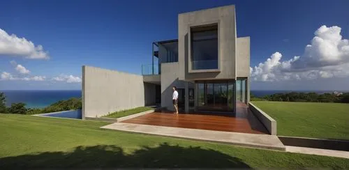 modern tropical case study house architecture, Puerto Rico, meditation architecture of brazilian architect Marcio Kogan, modern, realistic, corten steel, concrete, wood, award winning perspective, raw