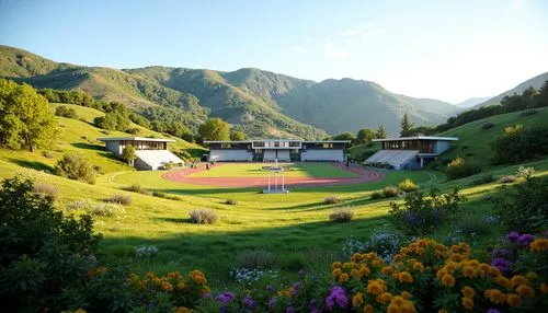 Rolling hills, lush greenery, vibrant flowers, stadium seating, football field, goalposts, scoreboard, athletic tracks, sports facilities, modern architecture, curved lines, dynamic shapes, cantilever