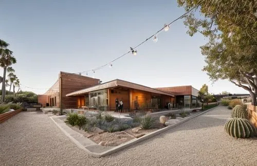 Santa Barbara Funk Zone. People enjoying a glass of wine. Saturday afternoon in August. Chilling. Vibing. Warm wood and brick tones. coastal oaks and cacti,dunes house,mid century house,landscape desi