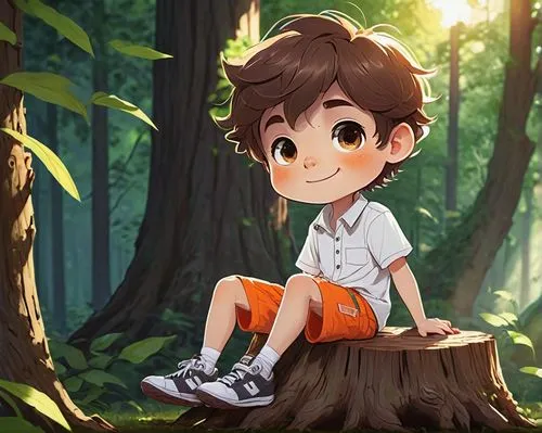 Chibi, Doki, Shota, young boy, sweet smile, big round eyes, messy brown hair, freckles on nose, casual white shirt, orange shorts, sneakers, sitting on a tree stump, forest surroundings, lush greenery