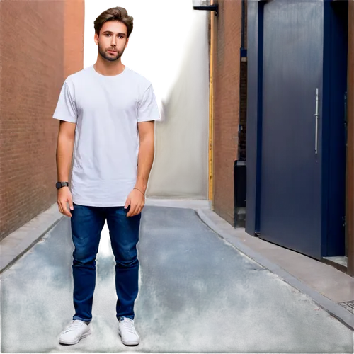 Man, adult, solo, (30yo), serious expression, face mask, messy brown hair, casual wear, white T-shirt, dark blue jeans, sneakers, hands in pockets, standing, city street, urban atmosphere, soft natura