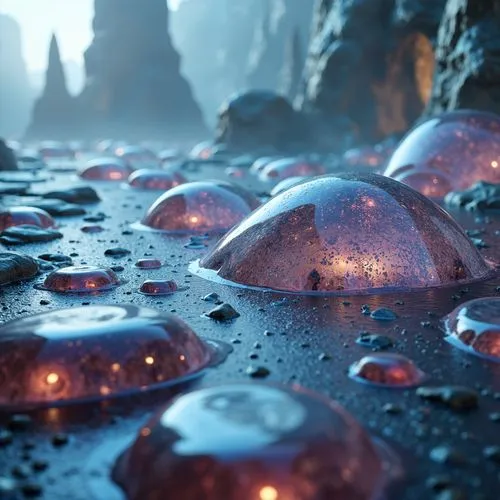 alien world,spheres,mushroom landscape,futuristic landscape,dewdrops,waterdrops,alien planet,oospores,potions,frozen dew drops,dew droplets,engrams,lava balls,droplets,orbs,dew drops,lava stones,cryengine,arkenstone,crystals