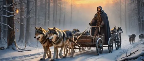 Medieval fantasy scene, wolves pulling an old wooden wagon, rugged male driver, worn leather gloves, fur-lined cloak, golden earring, strong facial features, snowy forest background, misty atmosphere,