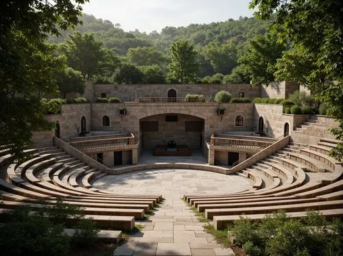 Natural stone amphitheater, lush green surroundings, curved seating areas, wooden benches, decorative railings, elevated stages, professional audio equipment, suspended sound systems, acoustic panels,