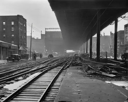 sweeping viaduct,hudson yard,13 august 1961,old tracks,marshalling yard,elevated railway,railtrack,year of construction 1954 – 1962,old street,train track,train tracks,south station,railroad tracks,east end,eastend,1929,railway tracks,rail track,stieglitz,railroad track,Illustration,Paper based,Paper Based 11