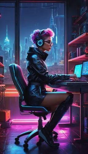 Digital art generator, futuristic laboratory, neon lights, sleek metal surfaces, holographic displays, robotic arms, colorful wires, glowing blue circuits, leather-bound chair, minimalist desk, modern