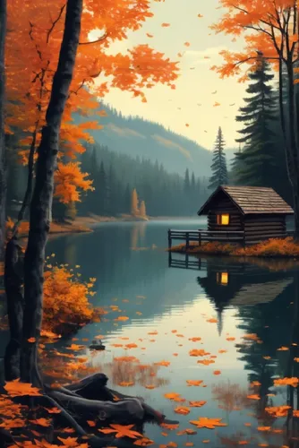 a painting of a log cabin on a lake in the fall,autumn background,autumn landscape,autumn idyll,fall landscape,autumn scenery,autumn camper