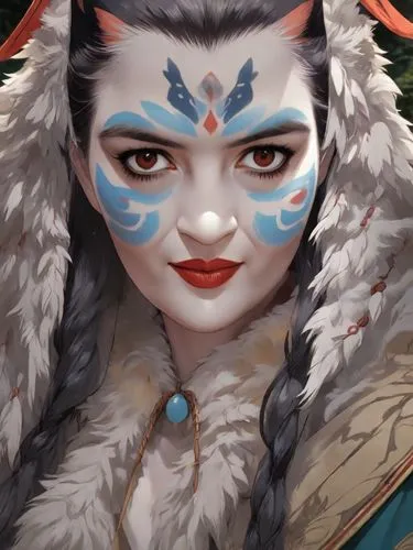 kitsune,inner mongolian beauty,peking opera,geisha,geisha girl,suit of the snow maiden,fantasy portrait,warrior woman,chinese art,cat warrior,oriental princess,taiwanese opera,mulan,oriental girl,female warrior,white fur hat,chinese pastoral cat,utonagan,the snow queen,inari,Digital Art,Anime