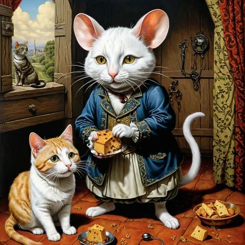 tea party cat,georgatos,chromolithography,raquette,mehitabel,vintage mice,Illustration,Realistic Fantasy,Realistic Fantasy 22