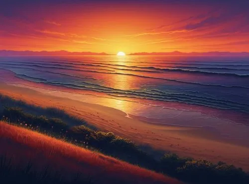 coast sunset,beach landscape,sunrise beach,seascape,sunset beach,coastal landscape,landscape background,sunrise,sea landscape,sunset,sunrises,morningtide,dune landscape,dune sea,beach scenery,eventide,sun and sea,sunup,daybreak,world digital painting,Illustration,Realistic Fantasy,Realistic Fantasy 25