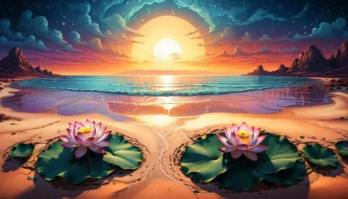 mesmerizing lotus,two water lily's sitting in front of the ocean,water lotus,floating islands,double sun,mushroom landscape,mushroom island,sun roses,Illustration,Realistic Fantasy,Realistic Fantasy 2