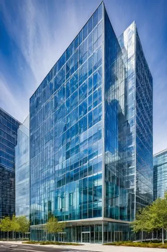 Modern skyscraper, corporate building, glass façade, steel structure, angular lines, sleek design, urban landscape, cityscape, sunny day, clear blue sky, panoramic view, 3/4 composition, soft lighting