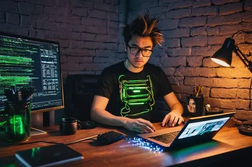 Linux enthusiast, sitting, black T-shirt, jeans, sneakers, messy hair, glasses, intense facial expression, typing on laptop, Linux terminal interface, coding, multiple screens, dark theme, neon green 