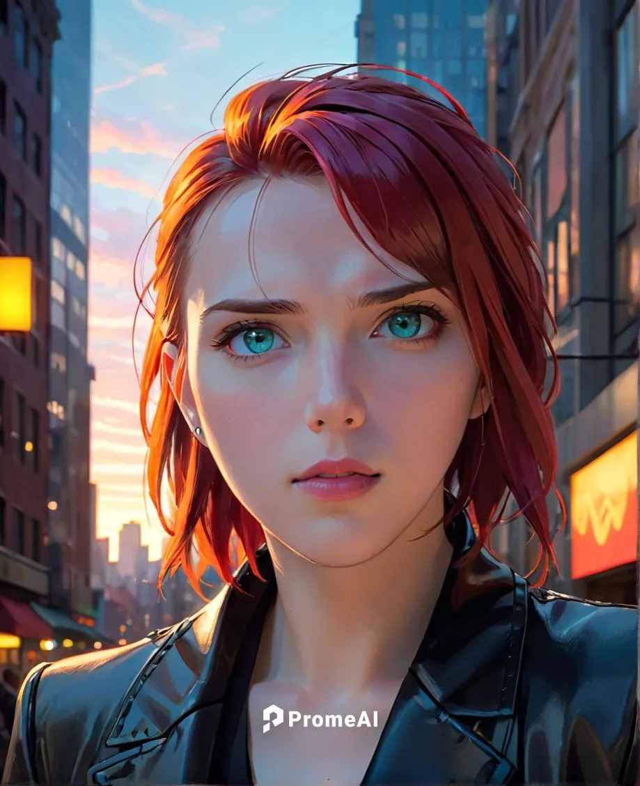 the iconic figure of Scarlett Johansson as a  brave and imposing figure, known for his red hair and piercing turquoise eyes, stands tall in the stands of New York City's iconic skyline. Clad in a slee