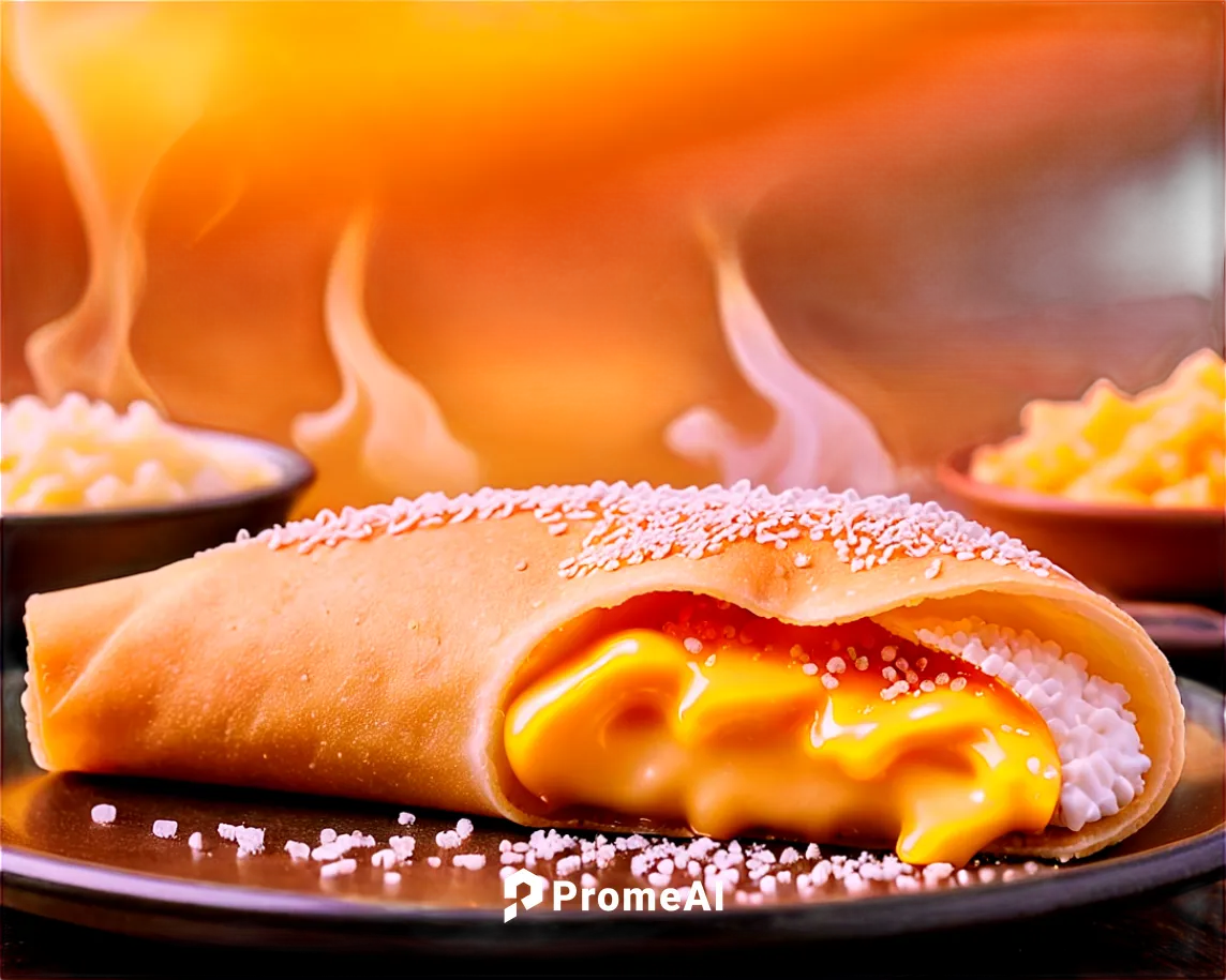 Small, round, crispy quesito, golden brown color, melted cheese inside, sprinkles of sugar on top, steam rising, close-up shot, shallow depth of field, warm lighting, morning atmosphere, vintage filte