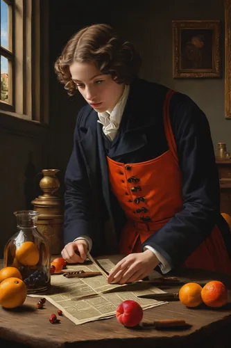 meticulous painting,sebastian pether,robert duncanson,reading magnifying glass,child with a book,painting technique,woman eating apple,bellini,robert harbeck,male poses for drawing,watchmaker,tutor,a carpenter,oranges,tangerines,orange robes,james sowerby,man with a computer,grapefruit juice,acridine orange,Art,Classical Oil Painting,Classical Oil Painting 29