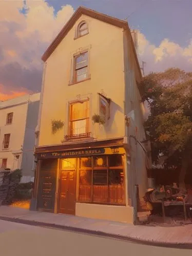 Beautiful romantic oil painting by Frank Frazetta, volumetric lighting at sunset,crooked house,pub,wine tavern,old town house,irish pub,the pub,clover hill tavern,watercolor cafe,red hen,bistro,provin