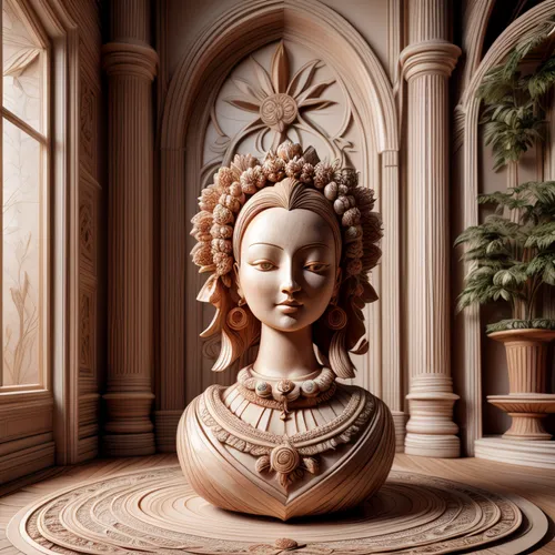 decorative figure,terracotta,wood carving,decorative art,terracotta flower pot,classical sculpture,crown render,classical antiquity,carved wood,decorative element,decorative fountains,garden statues,statuary,woman sculpture,stone sculpture,heart and flourishes,neoclassical,statuette,sculpt,3d model