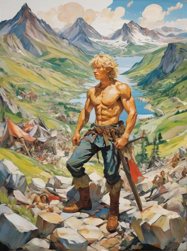 Construct an epic and adventurous Thorfinn avatar with a mountainous landscape.,he-man,barbarian,bordafjordur,mountain guide,the spirit of the mountains,the wanderer,nördlinger ries,link,heroic fantas