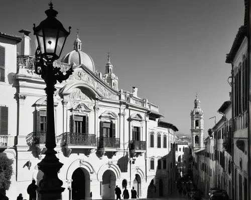 Rossi architecture, urban cityscape, grand historic buildings, ornate Baroque details, curved lines, sweeping arches, intricate stone carvings, weathered copper roofs, vibrant colorful frescoes, crowd