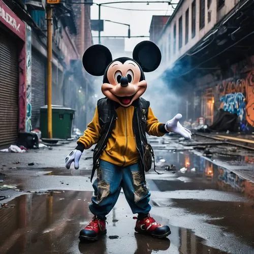 (homeless,cyberpunk)Mikey Mouse, (depraved, trashy, 9) and still rocking, (tongue out), (gritty background), (neon lights), (dilated pupils), (dust and smoke in the air), (dark alleyway), (graffiti-co