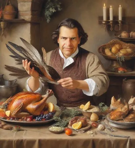 A happy Renaissance court chef proudly holds a roasted pheasant on a platter decorated with wings and a tail of feathers. In the background is a medieval kitchen with crockery and many cooked dishes. 