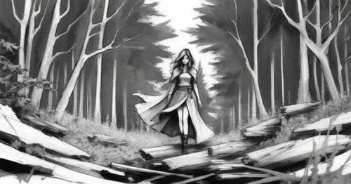 sketch, woman, forestry background, black and white,a woman in the woods holding up a sword,forest path,the forest,forest walk,elven forest,mirkwood,in the forest,Illustration,Realistic Fantasy,Realis