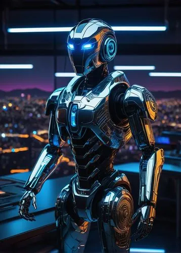 Futuristic KEA AI robot, shiny metallic body, glowing blue eyes, intricate circuitry patterns, sleek and modern design, standing in a futuristic laboratory, surrounded by screens and wires, with a cit