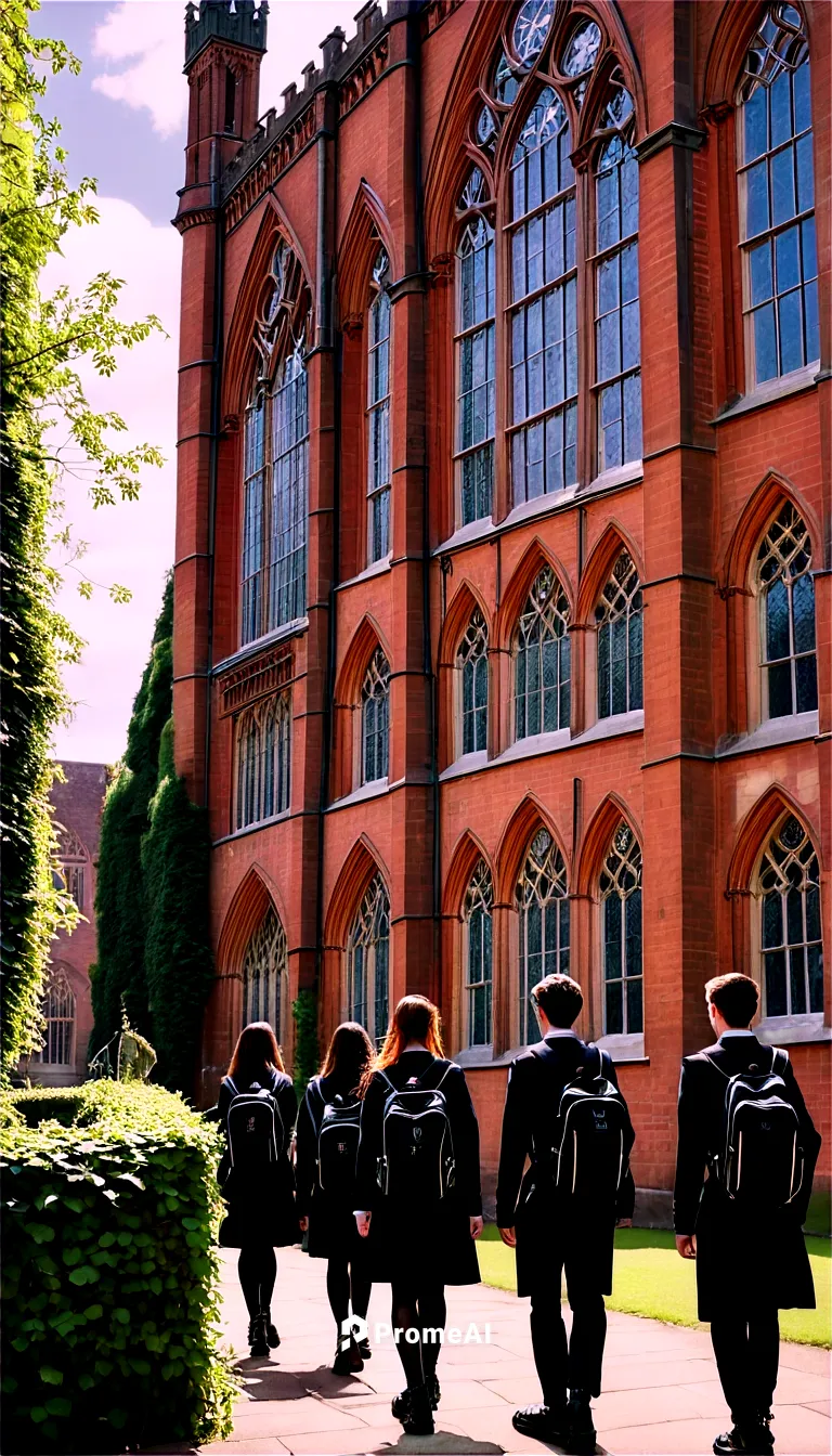 Boarding school building, British style, Gothic architecture, tall spires, stained glass windows, red brick walls, ivy climbing up walls, green courtyard, students walking in uniforms, backpacks and s