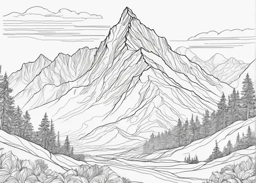 Design a continuous line drawing of a majestic mountain peak.,mountains,snowy peaks,mountain scene,mountain landscape,coloring page,mountain ranges,snow mountains,mountain range,mountainous landscape,