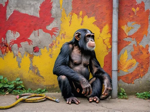 common chimpanzee,chimpanzee,bonobo,chimp,the thinker,thinker,macaque,animal photography,crab-eating macaque,monkey banana,orangutan,orang utan,the monkey,primate,baboon,long tailed macaque,monkey,rhesus macaque,cercopithecus neglectus,hanoi,Conceptual Art,Graffiti Art,Graffiti Art 03