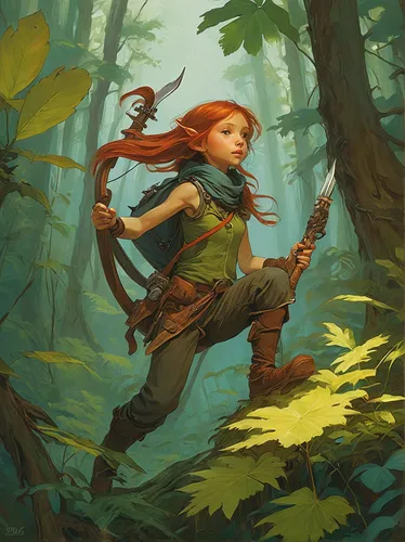 dryad,wood elf,fae,forest clover,red eft,druid grove,firethorn,druid,merida,undergrowth,treeing feist,game illustration,elven forest,the wanderer,fantasy portrait,faerie,bow and arrows,heroic fantasy,huntress,faery,Illustration,Paper based,Paper Based 17