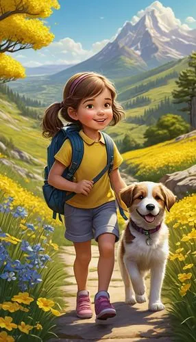 girl with dog,dog hiking,girl and boy outdoor,boy and dog,children's background,st bernard outdoor,dog illustration,walking dogs,dog walking,companion dog,kids illustration,dog walker,walk with the children,springtime background,st. bernard,outdoor dog,little girl running,girl picking flowers,little girl in wind,farm background,Illustration,American Style,American Style 01