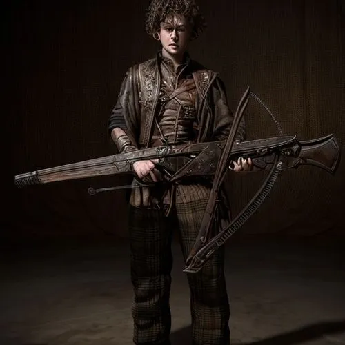 Young scottish man wielding a large crossbow,longbow,quarterstaff,nancy crossbows,scabbard,bow and arrows,newt,highlander,robin hood,musketeer,crossbow,heavy crossbow,kit,tower flintlock,tyrion lannis